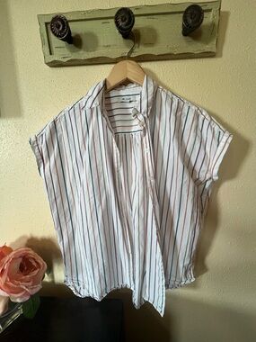 Madewell White Button-Up Shirt with Rust, Navy & Olive Stripes